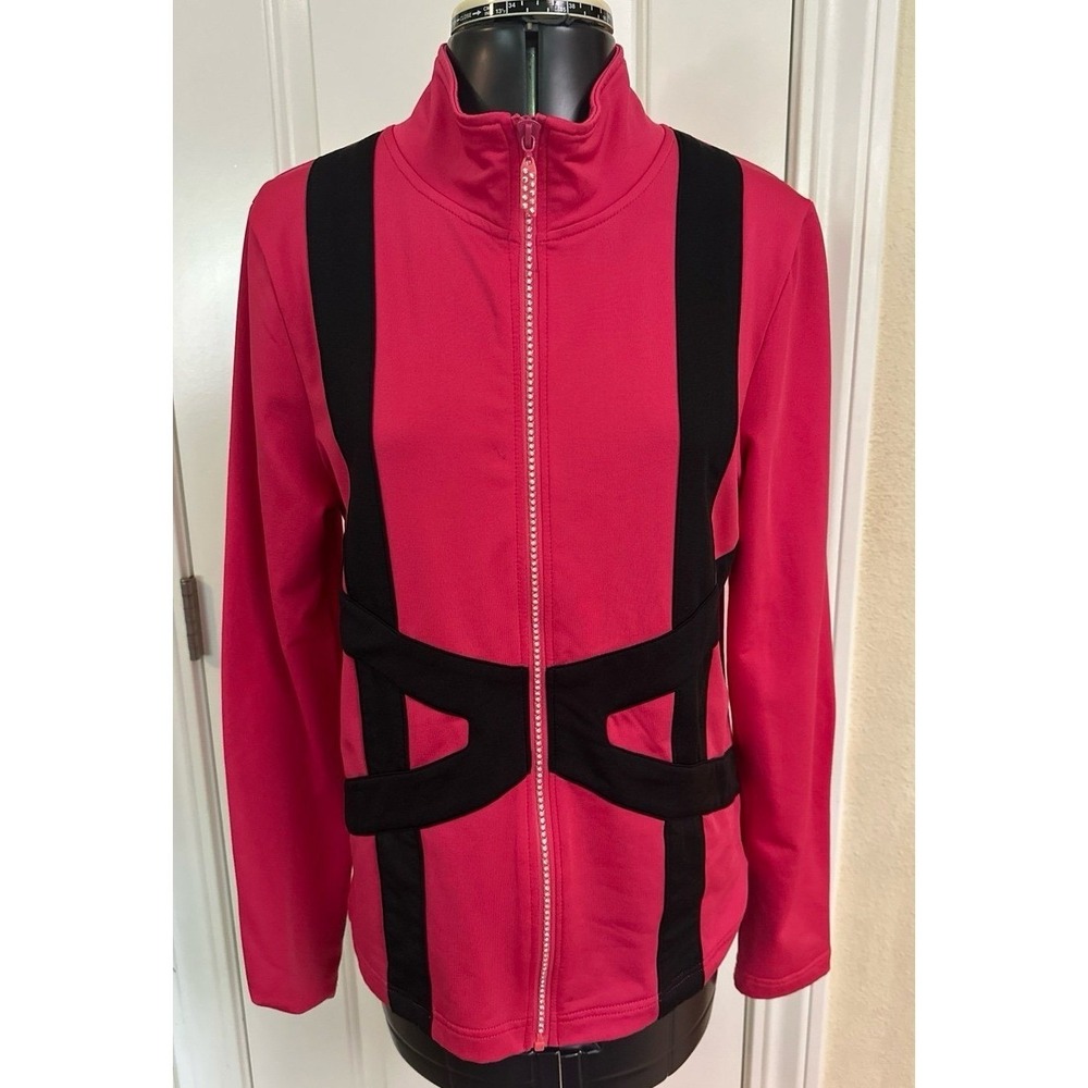 Belldini Pink Gem Zipper Sweater Jacket, pink with black‎ stripes, size medium